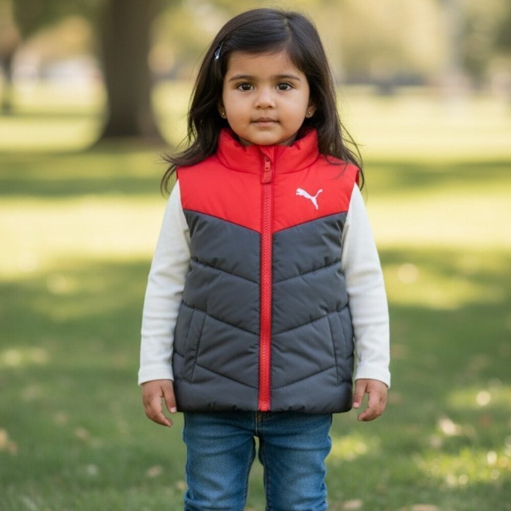 Puma Kids Puffer Vest Full-zip Stand-up Collar Black Red Unisex Size 3/4 NWOT